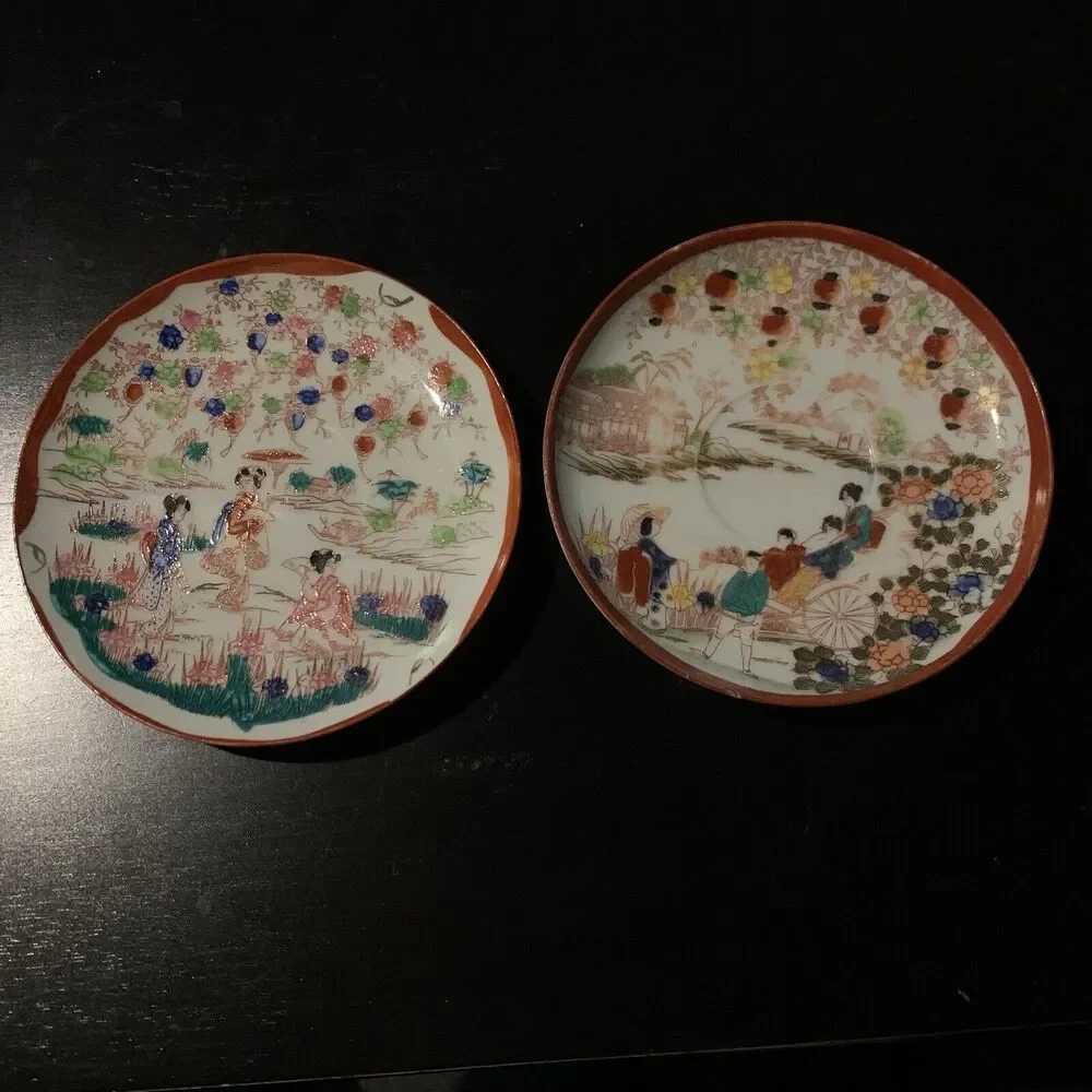 2 Vintage Antique Japanese Hand Painted 5in Plates Saucers0